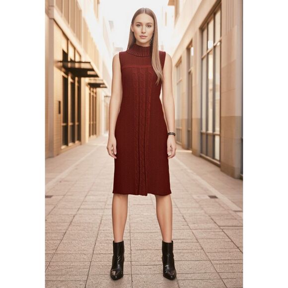 Calvin Klein Rust Orange Sleeveless Turtleneck Cable Knit Sweater Dress Size S/M - Picture 7 of 11